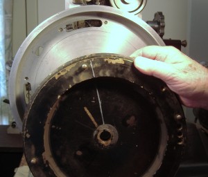 A chinagraph pencil marks the position of the keyway on the very heavy Flywheel